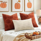 decorUhome Decorative Two Beige Pumpkins Thanksgiving Throw Pillow Covers 18x18 Set of 2, Soft Chenille Jacquard Farmhouse Textured Pillow Covers for Couch Bed Sofa Autumn Harvest Halloween Holiday