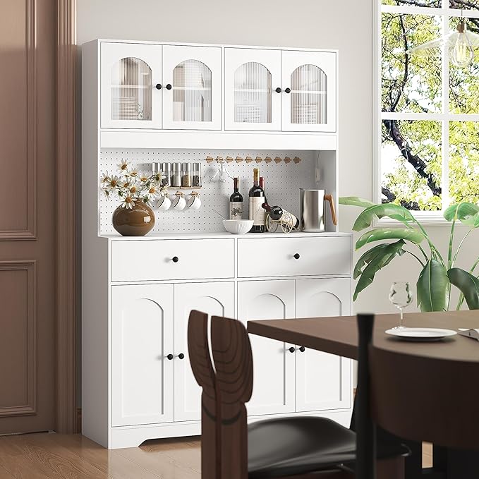 70" Pantry Cabinet with Pegboard, Kitchen Pantry Storage Cabinet with Shelves & Drawer, Adjustable Shelves, LED Light & Power Outlets for Dining Room (White)