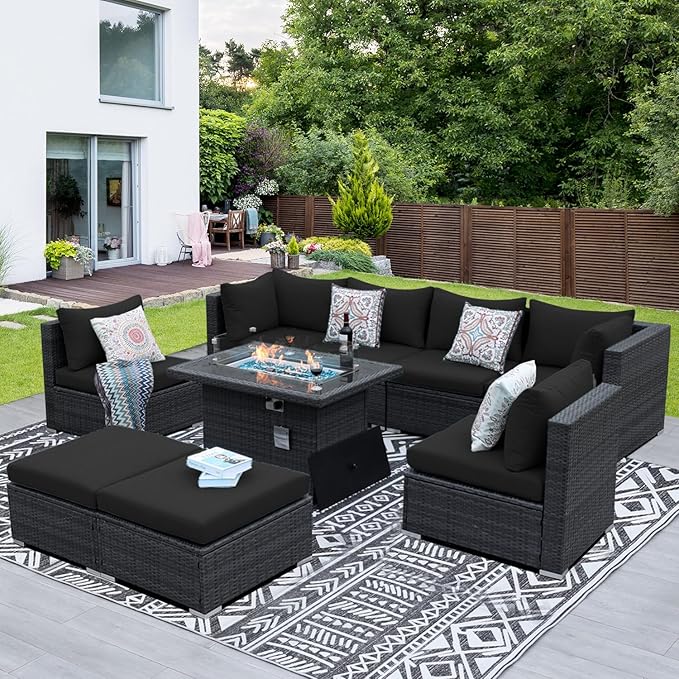 NICESOUL Large Size 9 Piece Patio Conversation Set with Fire Pit Table Propane/Gas, 29.3'' High Back Outdoor Furniture Sectional Set, Heavyweight Rattan Contemporary Sofa, 2 Color Cushion Black &Gray