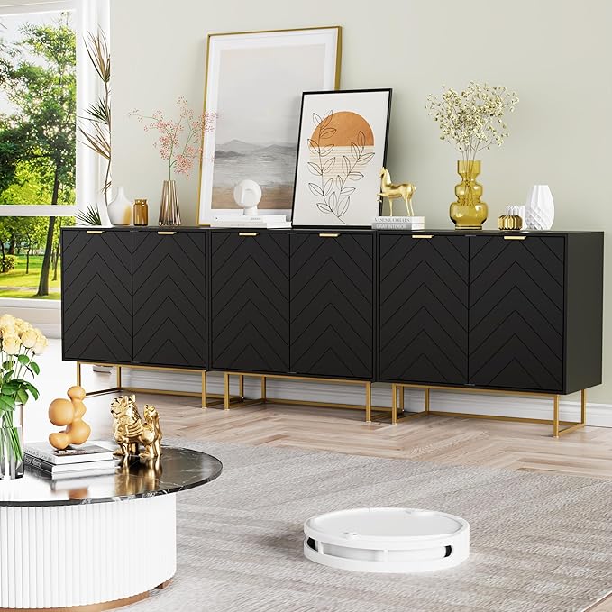 Scurrty Large Sideboard, Black Storage Buffet with 6 Doors, Adjustable Shelf & Golden Legs - Accent Cabinet for Living Room & Kitchen