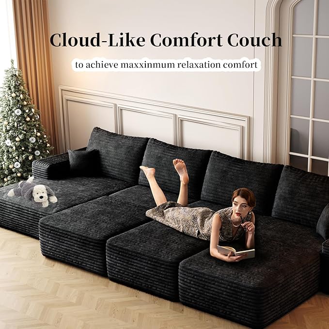 135.4" Large Cloud Modular Sectional Sofa with L-Shape Chaise, Deep Seat Upholstered Couches for Living Room，No Assembly Required, Corduroy Pet-Friendly Fabric (Black, Right Facing Chaise)