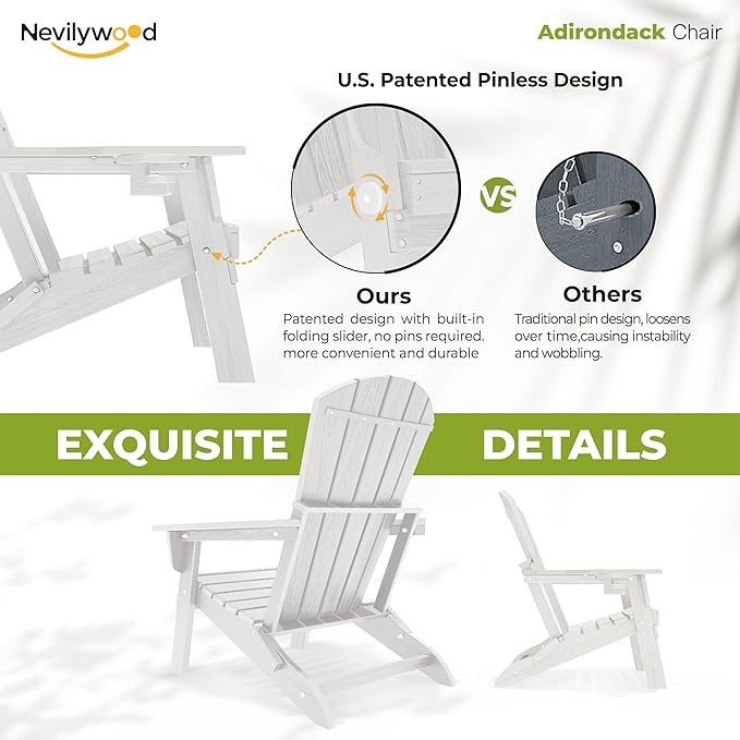 nevilywood Folding Adirondack Chair, Ergonomic Extended Backrest, HDPE All-Weather, 380lbs Capacity, Maintenance-Free, Cup Holder, （White）- Outdoor Patio & Firepit Chair