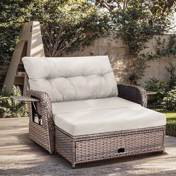 Patio Rattan Daybed, Wicker Recliner Loveseat for Two with Multifunctional Recliner and Stowable Side Tray, 5 Level Adjustable Backrest Brown Beige
