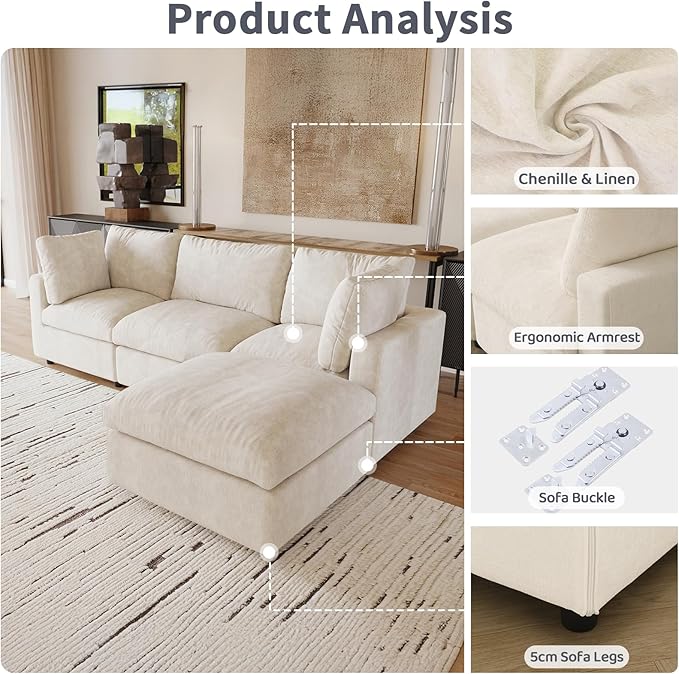 WJShome Cloud Couch Modular Sectional Sofa, 134" U Shaped Couch for Livingroom, Oversized Convertible Wide Seater with 2 Ottomans Living Room Set, Covers Washable&Replaceable,Beige
