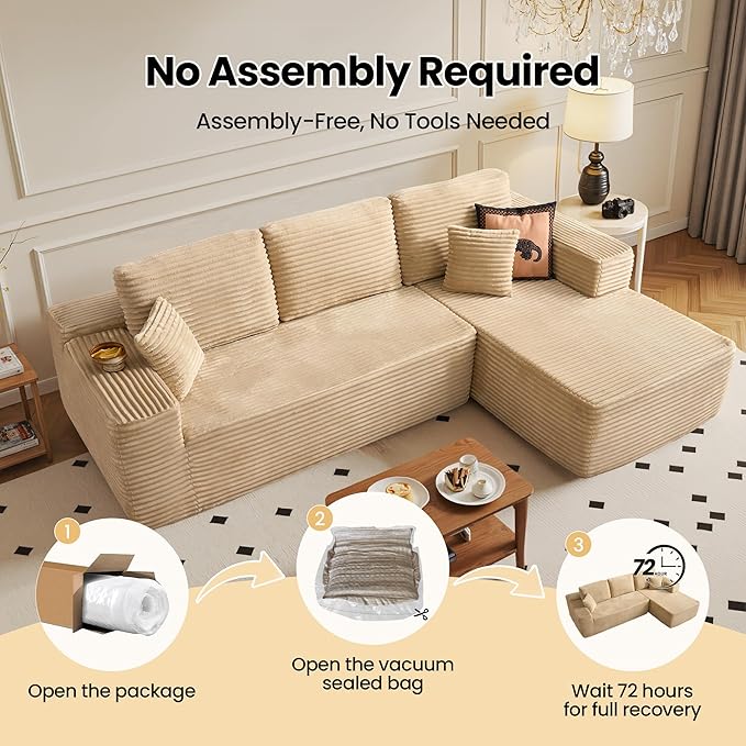 104" Cloud Sectional Couch with Chaise, Boneless L-Shaped Cloud Couch with Deep Seat, Soft Plush Modern Minimalist Sofa, Assembly Free Comfy Sofa for Office Living Room Apartment(Beige, Right Chaise)