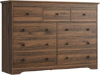 Dresser for Bedroom, 9 Drawer Dresser with Large Drawers, 55 Inch Wide Wood Chest for Living Room, Hallway, Walnut