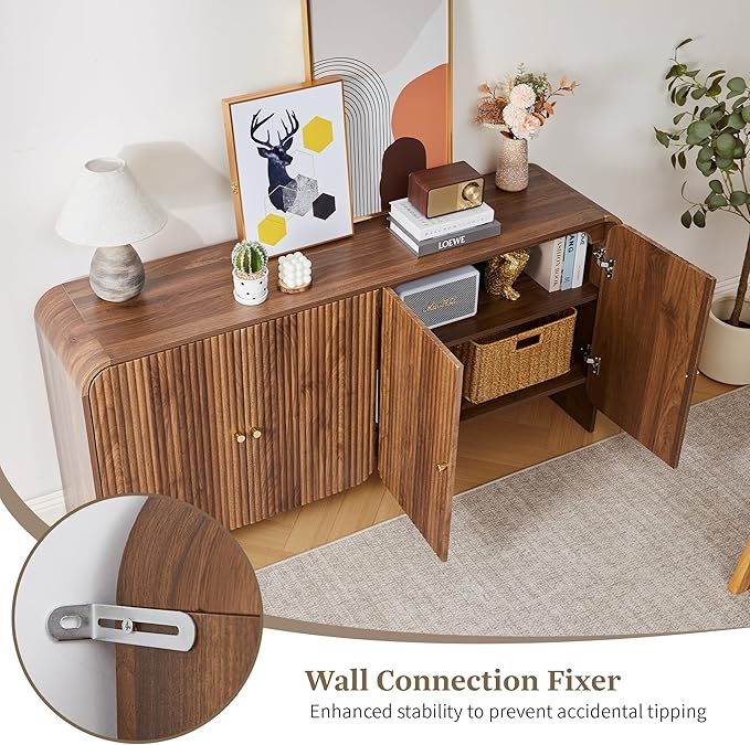 Fluted Sideboard Buffet Cabinet with Storage, 59'' Curved Buffet Cabinet with 4 Doors & Shleves, Modern Credenza Wood Coffee Bar Table Console for Dining Room Kitchen Living Room Entryway, Walnut