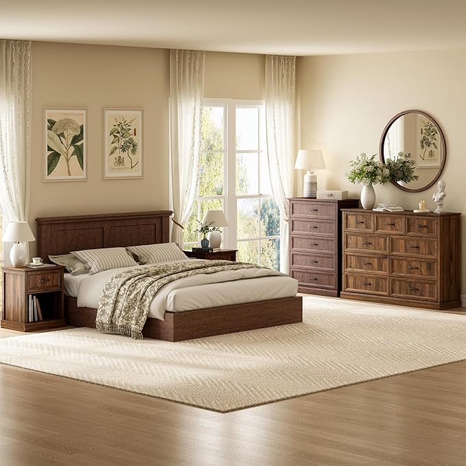 CARPETNAL Farmhouse Dresser and Nightstand Sets for Bedroom, 4 Pcs Bedroom Set, 5 Drawer & 9 Drawer Dresser and Nightstand Set of 2, Wood Chest of Drawers for Living Room, Entryway, Brown