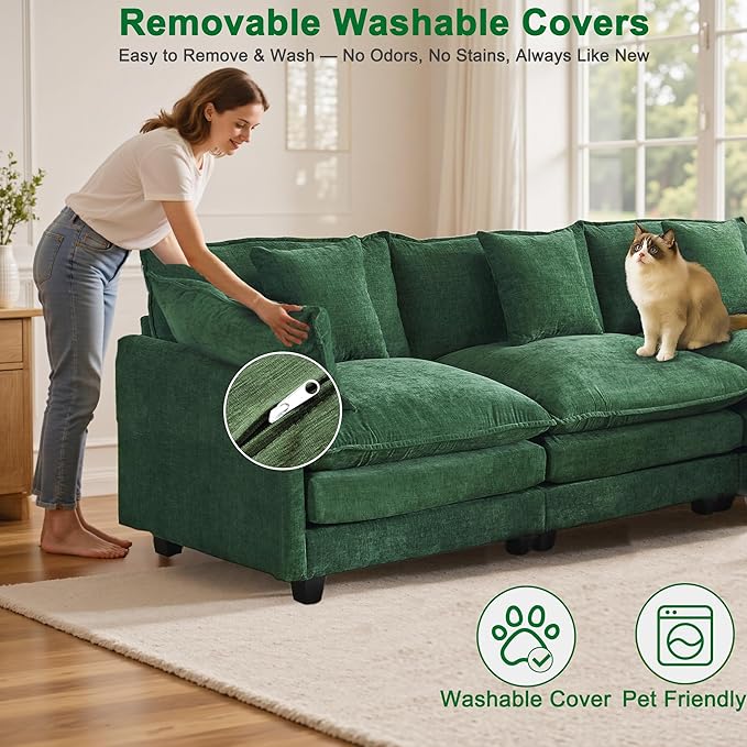 Cloud Chenille L-Shaped Sofa with Ottoman, 77" Space Saving Sectional Loveseat with Chaise, for Small Spaces, Easy Assembly, 1YR Warranty