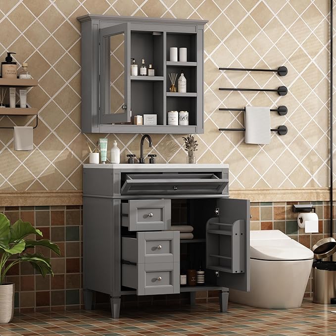 30" Bathroom Vanity with Matching Medicine Cabinet, Modern Sink Storage Cabinet with Drawers, Soft Closing Doors and Shelf, Bathroom Vanities with Sink & Mirror