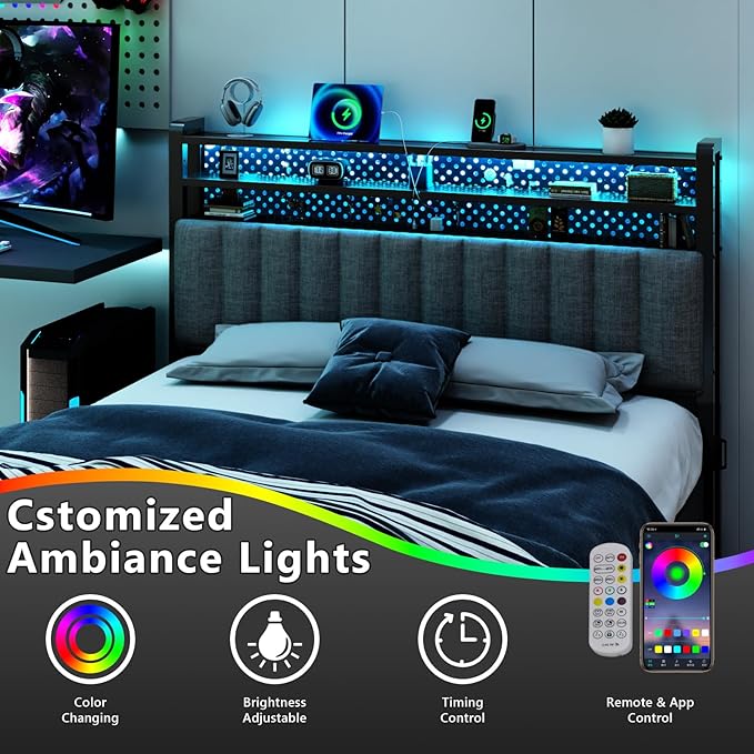 VINGLI King Size Headboard Only, Adjustable Upholstered Headboard with 3 Tier Shelves and Pegboard with Charging Stations and LED Lights, Modern Bed Headboard with Storage for Bedroom Decor