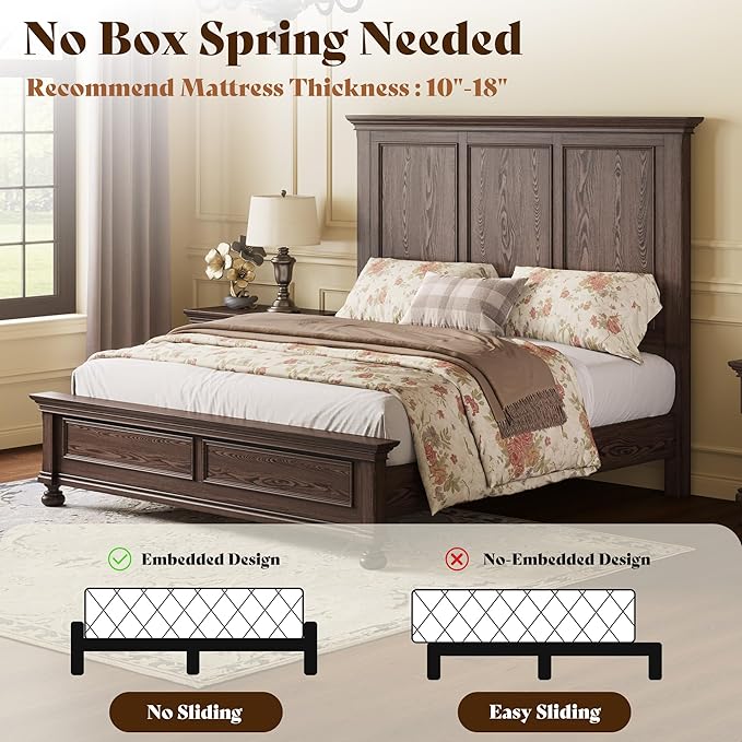 AMERLIFE Solid Wood Queen Bed Frame with 65.2" High Headboard, Traditional Platform Bed with Heavy Duty Slats, No Box Spring Needed, Easy Assembly, Dark Brown