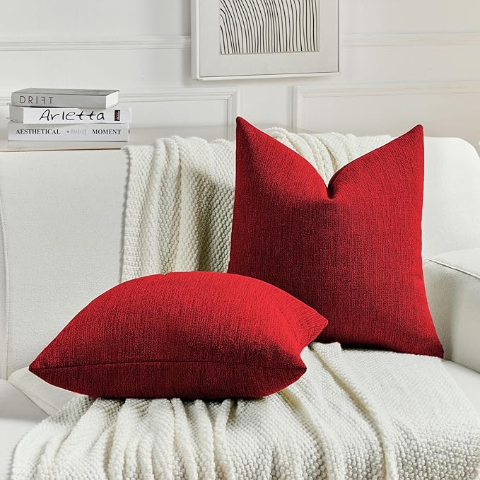 FUTEI Christmas Red Chenille Decorative Throw Pillow Covers 20x20 Inch Set of 2,Soft Cozy Faux Linen Textured Cushion Case,Farmhouse Home Decor for Couch Living Room