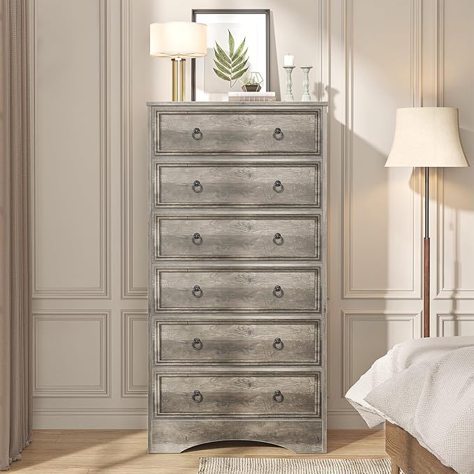 6 Drawer Dresser 52" Tall for Bedroom, Wood 6 Chest Drawers, Storage for Clothes, Narrow Large Drawers, Taupe Vintage, for Living Room, Bedroom, Hallway, Brownish Grey