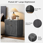 T4TREAM 23'' Fluted Nightstand with Charging Station, Large 2 Drawer Side Table, Modern End Table with Storage, Mid Century Bedside Table for Bedroom, Living Room, Curved Profile, Dark Alder