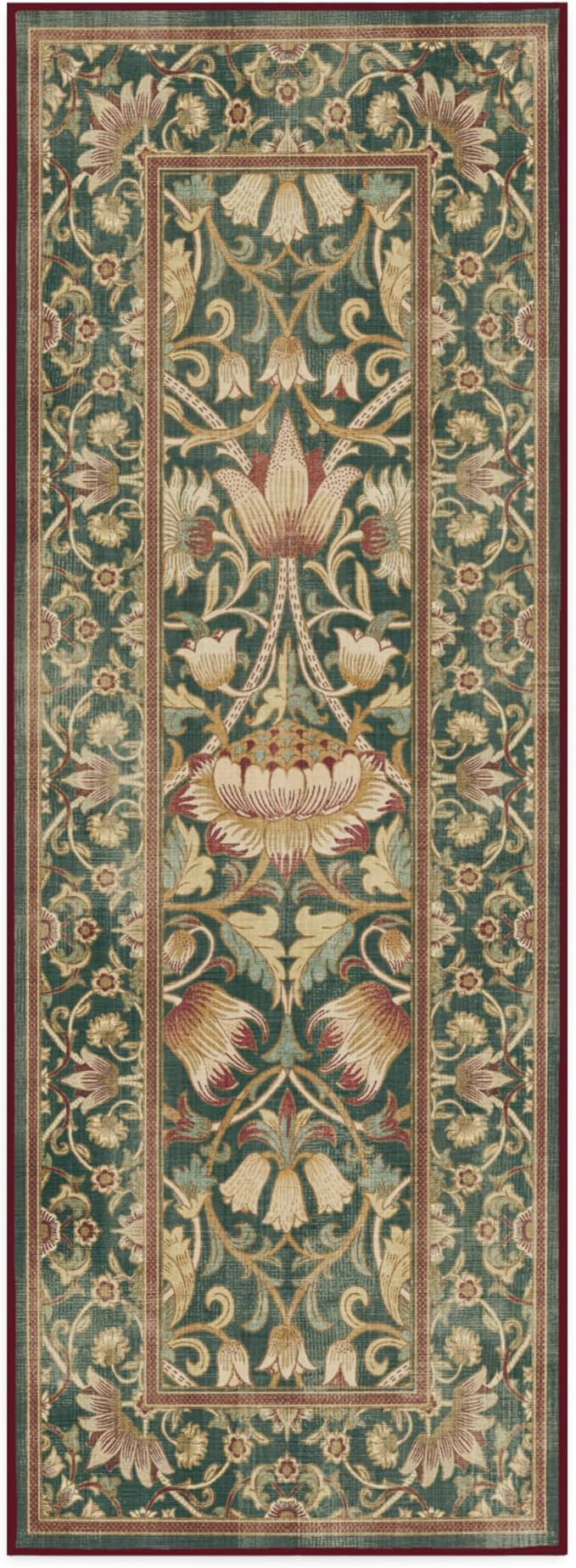 RUGGABLE x Morris & Co Machine Washable Christmas Runner Rug–Lodden Soft Evergreen & Gold 2.5x7, Stain-Resistant, Non-Slip –Washable Rug for Hallway, Entryway, Living Room & Kitchen–with Standard Pad