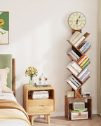 7 Tier Tree Bookshelf with Clock and Storage Cabinet, Small Narrow Floor Standing Bookcase for Bedroom, Living Room, Home Office, Dark Brown