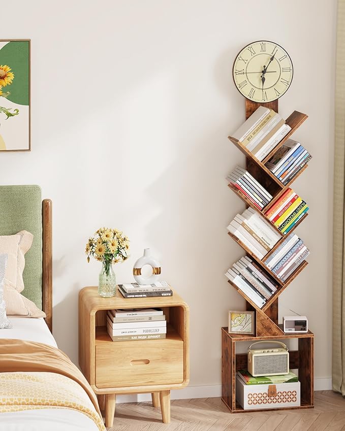 7 Tier Tree Bookshelf with Clock and Storage Cabinet, Small Narrow Floor Standing Bookcase for Bedroom, Living Room, Home Office, Dark Brown