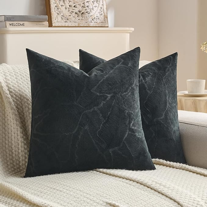 FUTEI Black Velvet Throw Pillow Covers 22x22 Inch Set of 2,Soft Embossed Leaf-Relief Textured Cushion Cases,Natural Home Decor for Couch Living Room