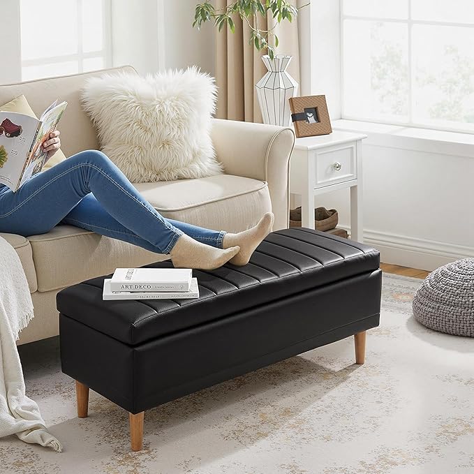 VECELO Storage Ottoman, Storage Bench with 2 Machined Gas Spring Lid Supports, PU Leather Upholstery & Solid Wood Legs, Black Ottoman Bench for Bedroom, Living Room, Entryway, 44.5"