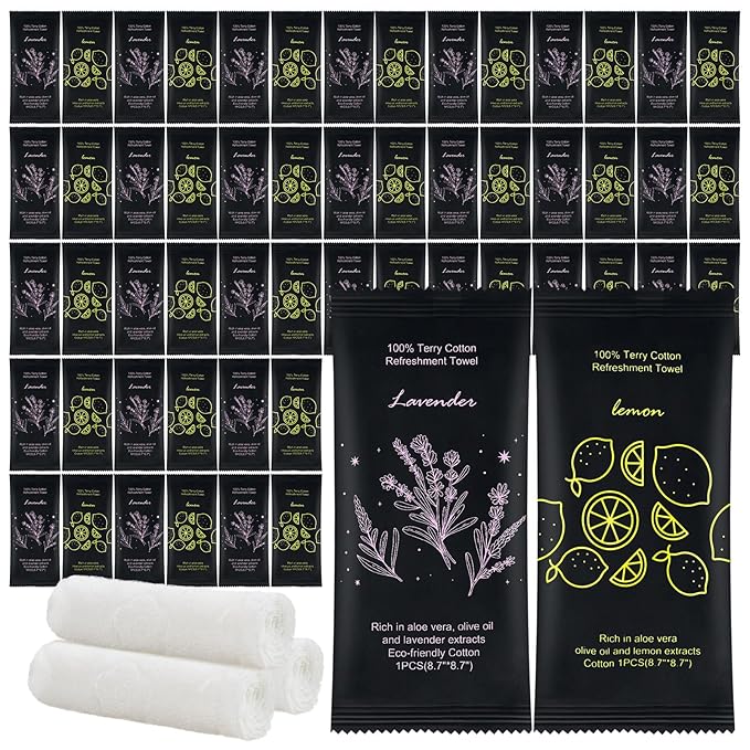 Moist Cotton Towel Bulk Moist Towelettes Individually Wrapped 8.7" x 8.7",White Towel Services,Refreshment Pre Moistened Towels Lavender and Lemon Scent for Travel Sport Party Spa Dentist Hote100