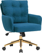 Velvet Office Chair, Comfy Home Office Desk Chairs with Lumbar Support, Modern Velvet Desk Chair Gold Legs Small Swivel Task Chair for Home Office, Bedroom, Study (Blue, L)