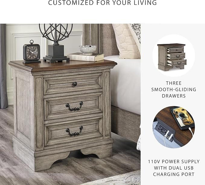 Signature Design by Ashley Lodenbay Casual 3 Drawer Night Stand with USB Charging Ports, Antique Gray