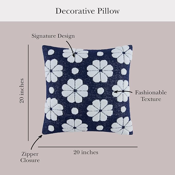 Kate Spade New York Spade Floral Decorative Pillow, 20" x 20" Throw Pillow for Bed or Sofa, Textured Polyester and Cotton Blend Cover, Navy, 20 x 20