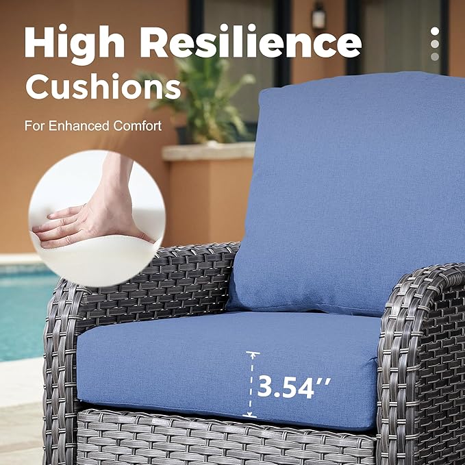 2 Pieces Wicker Patio Furniture Loveseat with Table - Outdoor Rattan Patio Bistro Set of 2,All-Weather PE Wicker Conversation Sofa High Back Deep Seating for Deck Porch Yard,Blue