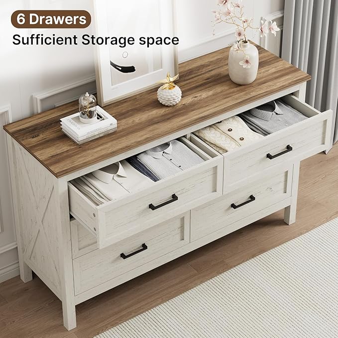 LYNSOM Farmhouse 6 Drawers Dresser for Bedroom, Wood Rustic Wide Chest of Drawers with Deep Drawers, Metal Handle, Storage Dressers Organizer for Entryway, Hallway, Antique White