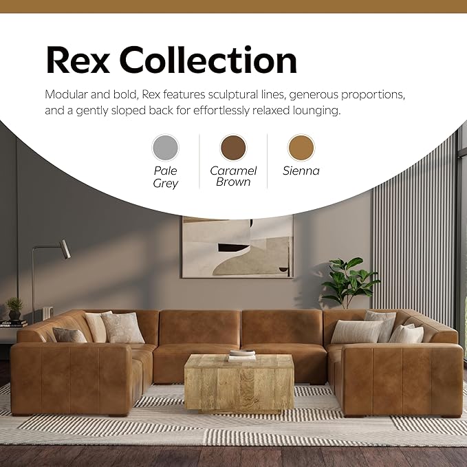 SIMPLIHOME Rex U-Shaped Sectional Modular Sofa in Full-Grain Genuine Leather, Caramel Brown, 144-inches Wide, Handcrafted Modern-Style Large Leather Couch for Living Room
