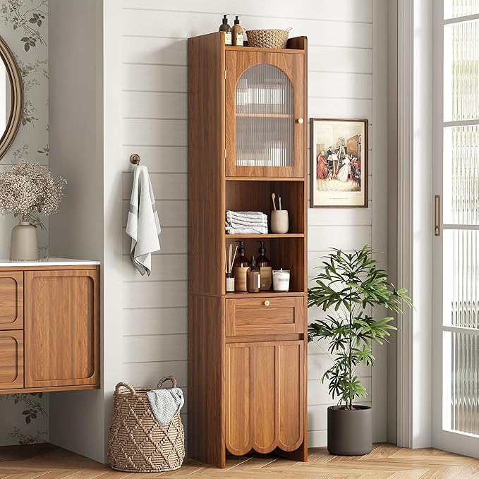 Maupvit 68” Tall Bathroom Storage Cabinet, Narrow Freestanding Cabinet with Fluted Glass Door and Drawer, 3-Tier Adjustable Shelves, Wave-like Panel, 14.9" Wide for Small Space, 8 Compartments, Walnut