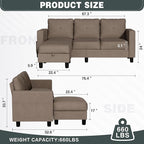 JY QAQA Convertible Sectional Sofa Couch with 3-Seat Sofa, L-Shaped Ottoman Couch with Modern Linen Fabric for Small Living Room, Apartment and Small Space(Brown)