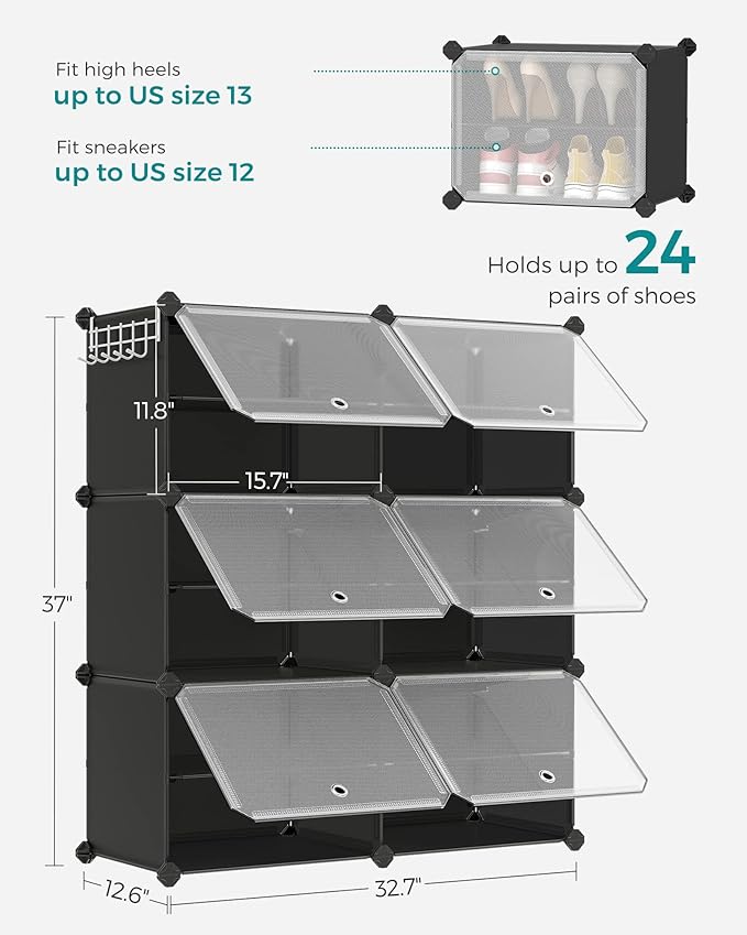 SONGMICS Shoe Rack Organizer, 6-Tier Shoe Storage Cabinet for Closet and Entryway, Holds 24 Pairs of Shoes, Adjustable, Ink Black and Trasparent ULPC033B01