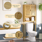 MUPATER 67" H Bathroom Over The Toilet Storage Cabinet with Doors and Shelves, Bamboo Over Toilet Organizer, Freestanding Tall Space Saver Toilet Rack, Natural Wood