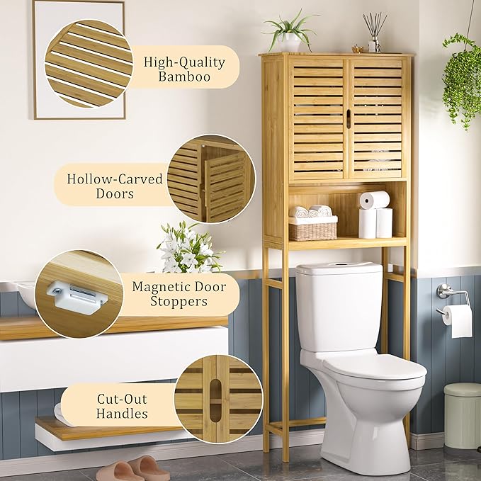 MUPATER 67" H Bathroom Over The Toilet Storage Cabinet with Doors and Shelves, Bamboo Over Toilet Organizer, Freestanding Tall Space Saver Toilet Rack, Natural Wood