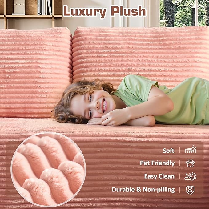 106" Cloud Sectional Couch with L-Shape Chaise, No Assembly Modular Sofa, Deep Seat Plush Corduroy Boneless Couched for Living Room (Pink Plush Corduroy, Right Facing Chaise)