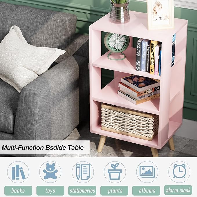 Night Stand, Pink Kids Nightstand, Modern End Table with Open Storage, 3-Tier Nursery Bedside Table for Small Space, Living Room, Bedroom