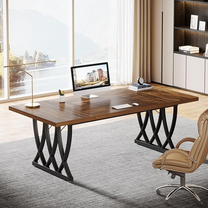 Tribesigns 70.86-Inch Executive Desk, Large Home Office Desk Computer Desk with Thick Metal Frame, Rectangle Study Writing Table Workstation for Home Office (Retro Brown & Black)