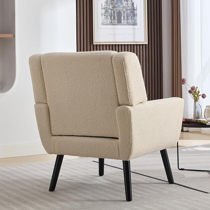 Dolonm Midcentury Modern Teddy Accent Chair with Arms, Upholstered Reading Side Chair Tufted Back Decorative Wingback Chair for Living Room Bedroom (White)