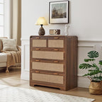 Mid Century Modern Dresser for Bedroom with 4 Drawers, 35" Tall Chest of Drawers with Natural Linen, Curved Wood Dresser Closet Clothes Storage Organizer for Living Room, Hallway((Walnut)