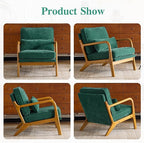 Karl home Mid Century Modern Accent Chair with Lumbar Pillow & Oak Arms – Plush Chenille Living Room Chair for Bedroom, Lounge (Dark Green)