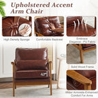 VINGLI Solid Wood Wide Armrests Accent Chair,Upholstered Mid Century Modern Chair with Pillow,Comfy Reading Chair Farmhouse Arm Chair,Chairs Living Room,Bedroom,Guest Room,PU Leather,Dark Brown