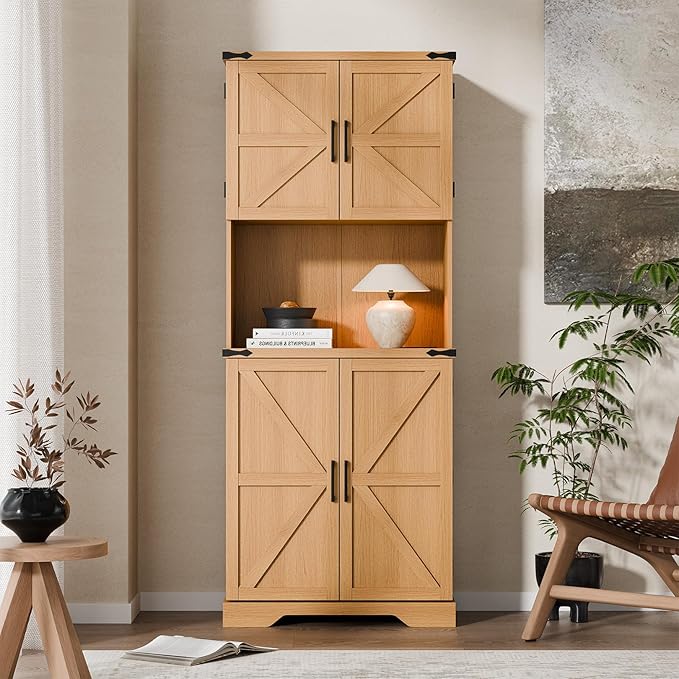 Cozy Castle 74" Farmhouse Pantry Cabinet with Charging Station, Tall Kitchen Storage Hutch Cabinet Coffee Bar Workstation, Sideboard Buffet Cupboard for Dining Room Living Room Furniture, Oak