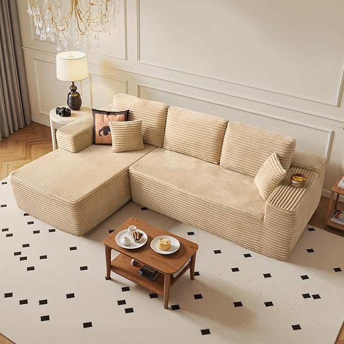 104" Cloud Sectional Couch with Chaise, Boneless L-Shaped Cloud Couch with Deep Seat, Soft Plush Modern Minimalist Sofa, Assembly Free Comfy Sofa for Office Living Room Apartment(Beige, Left Chaise)