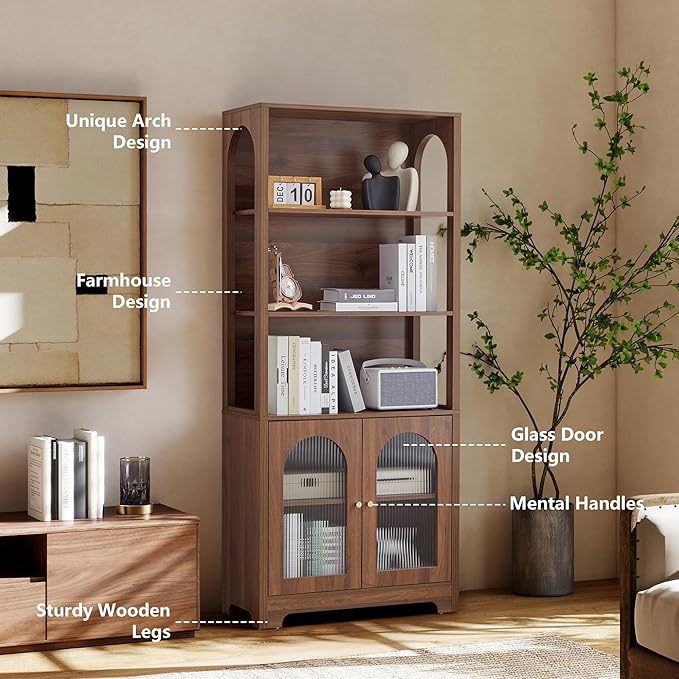 RARZOE 71" Tall Bookshelf and Bookcase, 5-Tier Arched Bookshelf with Glass Doors, Floor Standing 5 Shelf Book case, Wood Display Cabinet Storage Organizer for Living Room, Bedroom, Office(Walnut)