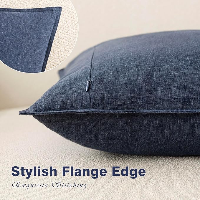 Foindtower Pack of 2, Decorative Linen Soild Throw Pillow Covers Soft Accent Square Cushion Case Boho Farmhouse Pillowcase for Chair Couch Sofa Bedroom Living Room Home Decor 20 x 20 Inch Navy Blue