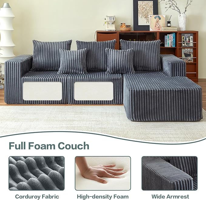 101" Boneless Sectional Couch,Compressed Memory Foam Couch in a Box, Modular Sectional Sofa with Oversized Chaise, Corduroy Boneless Sofa for Living Room, No Assembly Required (Grey)