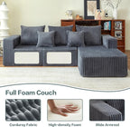 101" Boneless Sectional Couch,Compressed Memory Foam Couch in a Box, Modular Sectional Sofa with Oversized Chaise, Corduroy Boneless Sofa for Living Room, No Assembly Required (Grey)