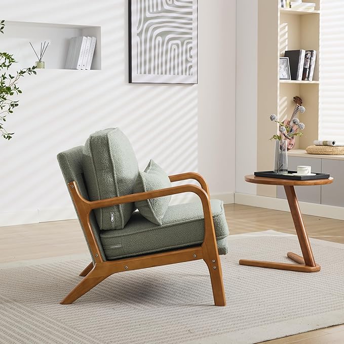 Mid-Century Accent Chair Set of 2,Sherpa Fabric Lounge Chair with Wide Armrest,Sherpa Fabric Armchair with Lumbar Pillow & Solid Wood Frame for Living Room, Bedroom, Balcony (Green)